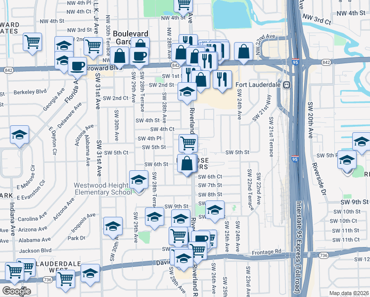 map of restaurants, bars, coffee shops, grocery stores, and more near 519 Riverland Road in Fort Lauderdale