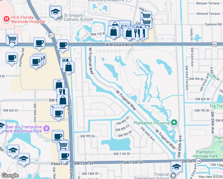 map of restaurants, bars, coffee shops, grocery stores, and more near 491 West Tropical Way in Plantation