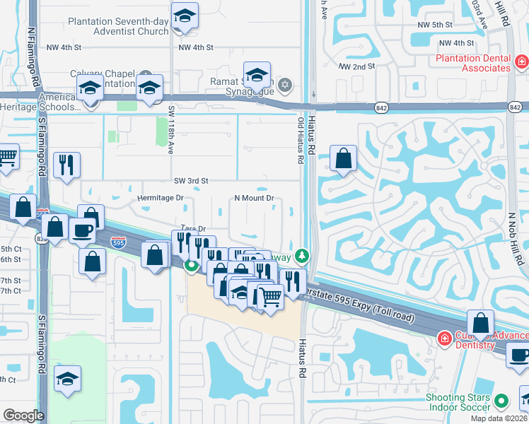 map of restaurants, bars, coffee shops, grocery stores, and more near 410 Vicksburg Terrace in Plantation