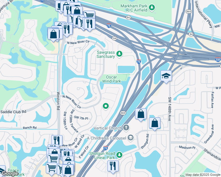 map of restaurants, bars, coffee shops, grocery stores, and more near 523 Woodgate Circle in Sunrise