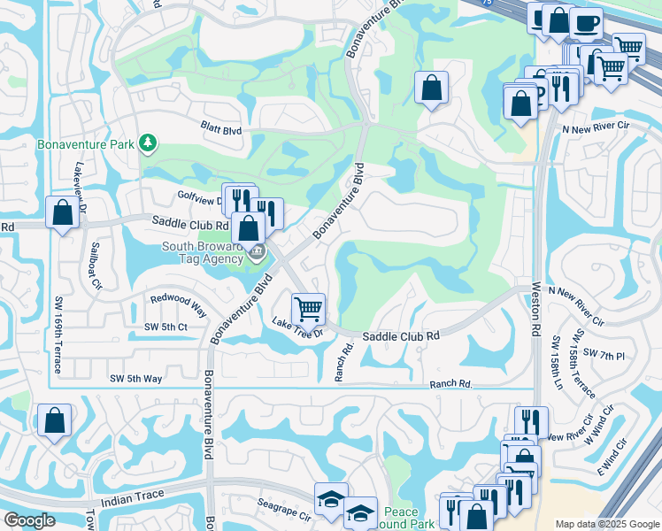 map of restaurants, bars, coffee shops, grocery stores, and more near 16796 Patio Village Lane in Weston