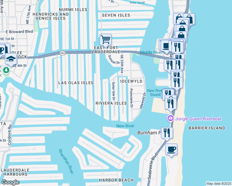 map of restaurants, bars, coffee shops, grocery stores, and more near 620 Solar Isle Drive in Fort Lauderdale