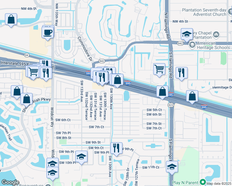 map of restaurants, bars, coffee shops, grocery stores, and more near 622-698 Southwest 130th Avenue in Davie