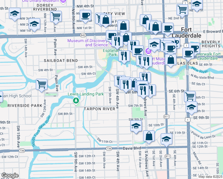 map of restaurants, bars, coffee shops, grocery stores, and more near 528 Southwest 5th Avenue in Fort Lauderdale