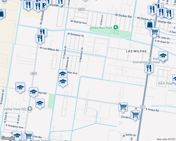 map of restaurants, bars, coffee shops, grocery stores, and more near 8601 Las Palmas Drive in Pharr
