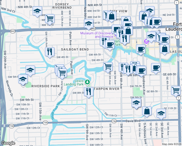 map of restaurants, bars, coffee shops, grocery stores, and more near 608 Southwest 8th Terrace in Fort Lauderdale