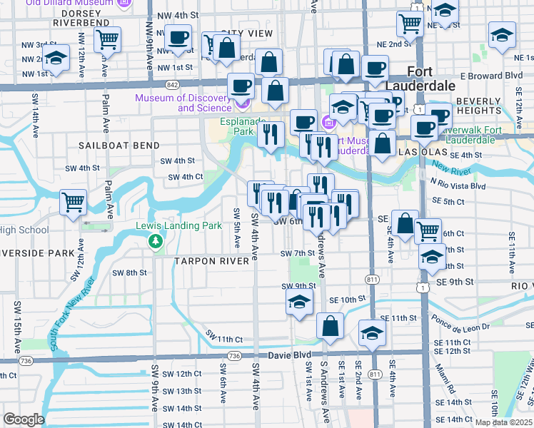 map of restaurants, bars, coffee shops, grocery stores, and more near 529 Southwest 3rd Avenue in Fort Lauderdale
