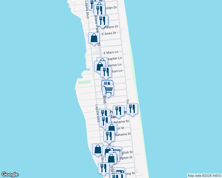 map of restaurants, bars, coffee shops, grocery stores, and more near 106 East Gardenia Street in South Padre Island