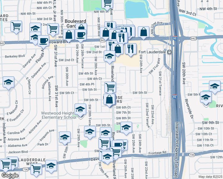 map of restaurants, bars, coffee shops, grocery stores, and more near 519 Riverland Road in Fort Lauderdale