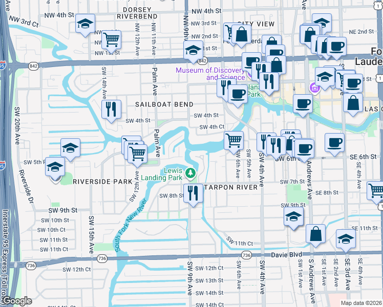 map of restaurants, bars, coffee shops, grocery stores, and more near 608 Southwest 8th Terrace in Fort Lauderdale