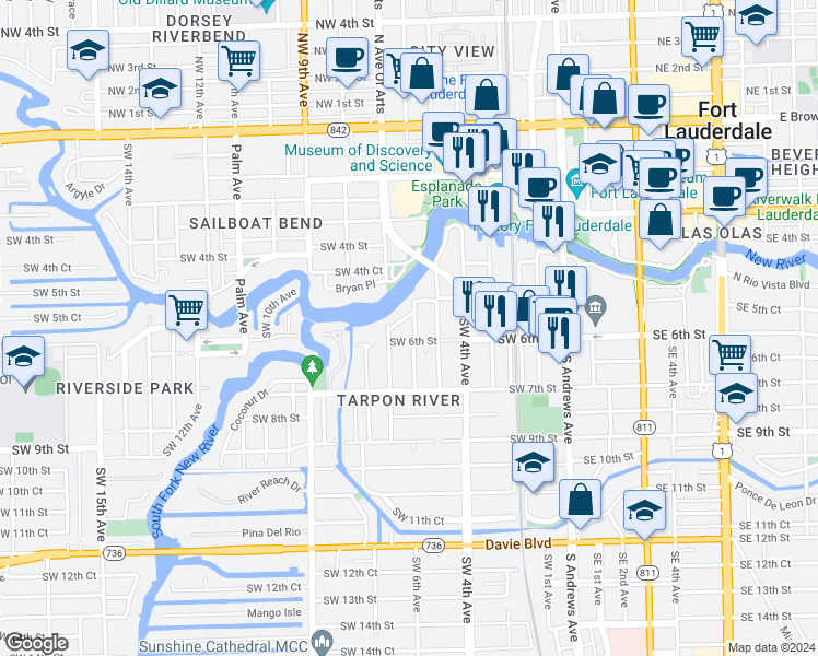 map of restaurants, bars, coffee shops, grocery stores, and more near 525 Southwest 6th Avenue in Fort Lauderdale
