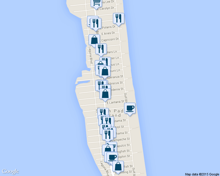 map of restaurants, bars, coffee shops, grocery stores, and more near 106 East Gardenia Street in South Padre Island