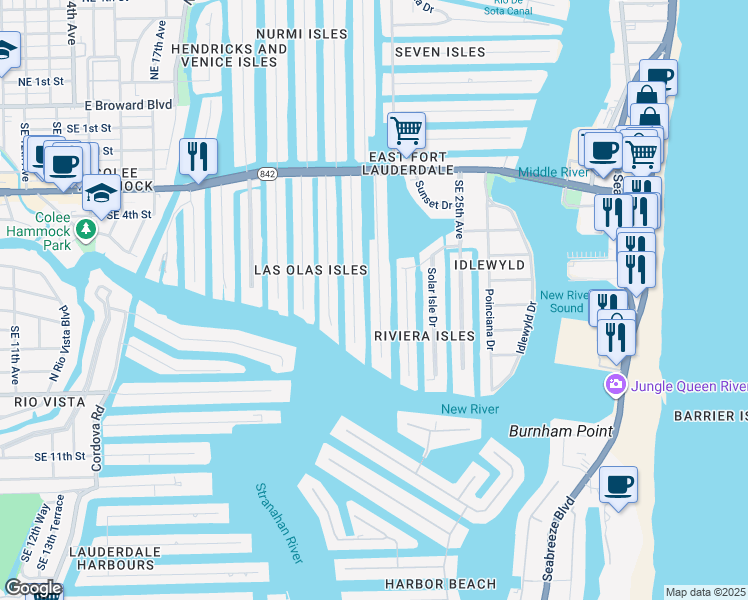 map of restaurants, bars, coffee shops, grocery stores, and more near 625 Isle of Palms Drive in Fort Lauderdale