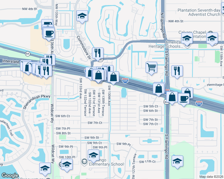 map of restaurants, bars, coffee shops, grocery stores, and more near 622-698 Southwest 130th Avenue in Davie