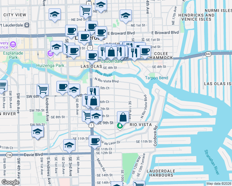 map of restaurants, bars, coffee shops, grocery stores, and more near 1005 Southeast 6th Street in Fort Lauderdale