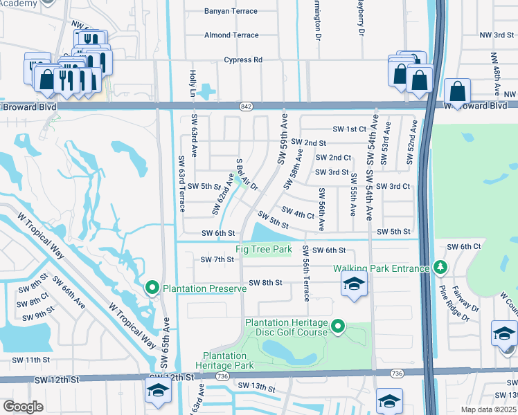 map of restaurants, bars, coffee shops, grocery stores, and more near 466 South Fig Tree Lane in Plantation