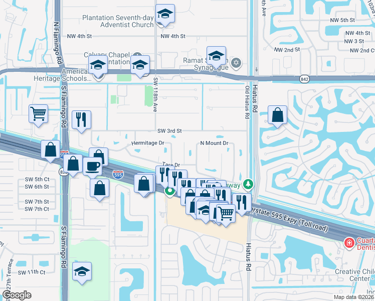 map of restaurants, bars, coffee shops, grocery stores, and more near 471 Petersburg Tr in Plantation