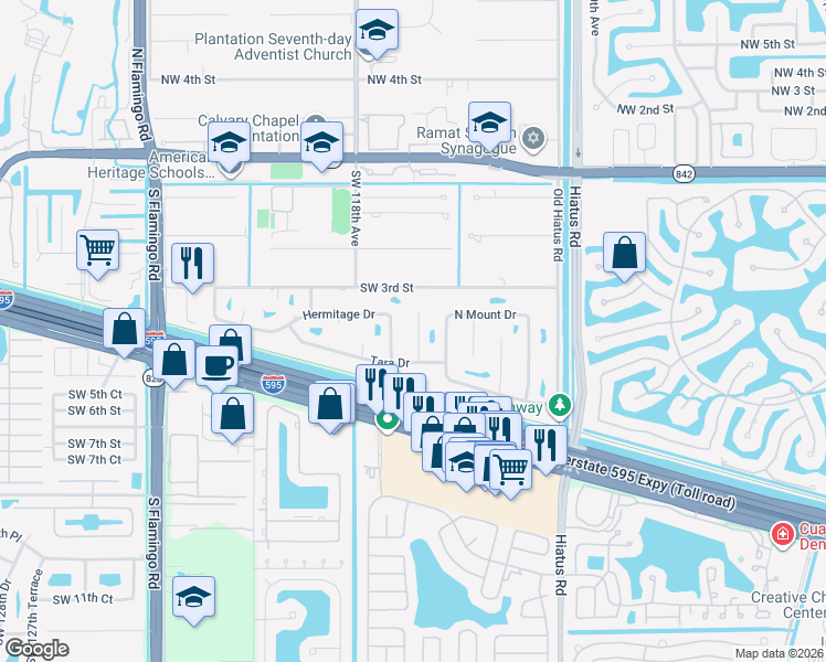 map of restaurants, bars, coffee shops, grocery stores, and more near 471 Petersburg Tr in Plantation