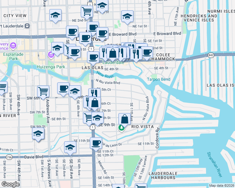 map of restaurants, bars, coffee shops, grocery stores, and more near 1005 Southeast 6th Street in Fort Lauderdale