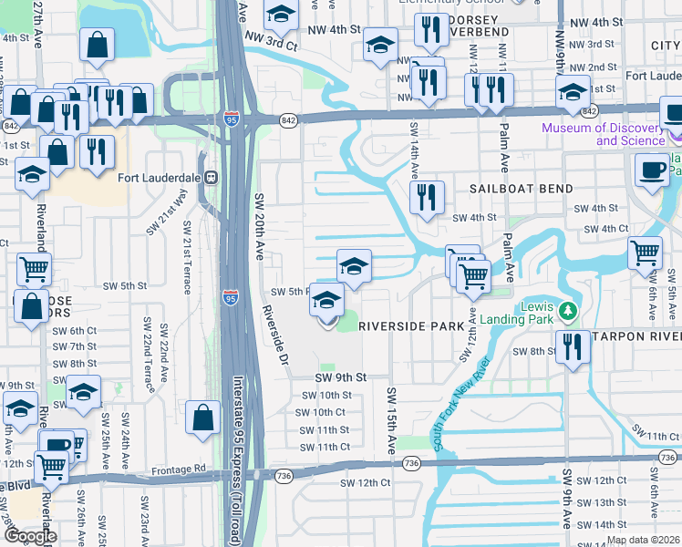 map of restaurants, bars, coffee shops, grocery stores, and more near 1716 Southwest 5th Court in Fort Lauderdale