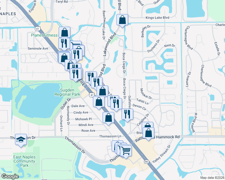 map of restaurants, bars, coffee shops, grocery stores, and more near 3625 Boca Ciega Drive in Naples