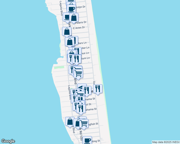 map of restaurants, bars, coffee shops, grocery stores, and more near 127 East Gardenia Street in South Padre Island