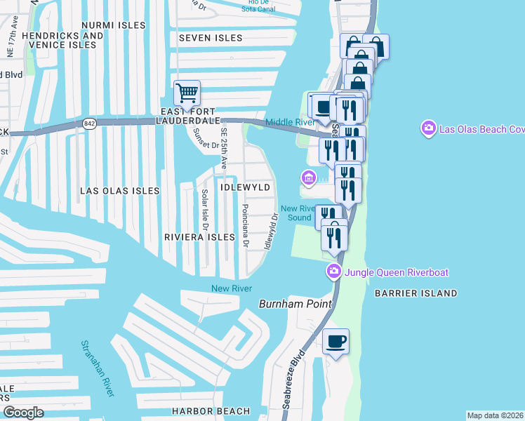 map of restaurants, bars, coffee shops, grocery stores, and more near 2623 Acacia Court in Fort Lauderdale