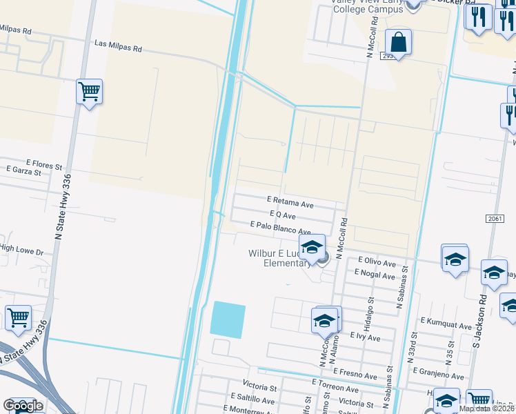 map of restaurants, bars, coffee shops, grocery stores, and more near 2403 East Q Avenue in Hidalgo
