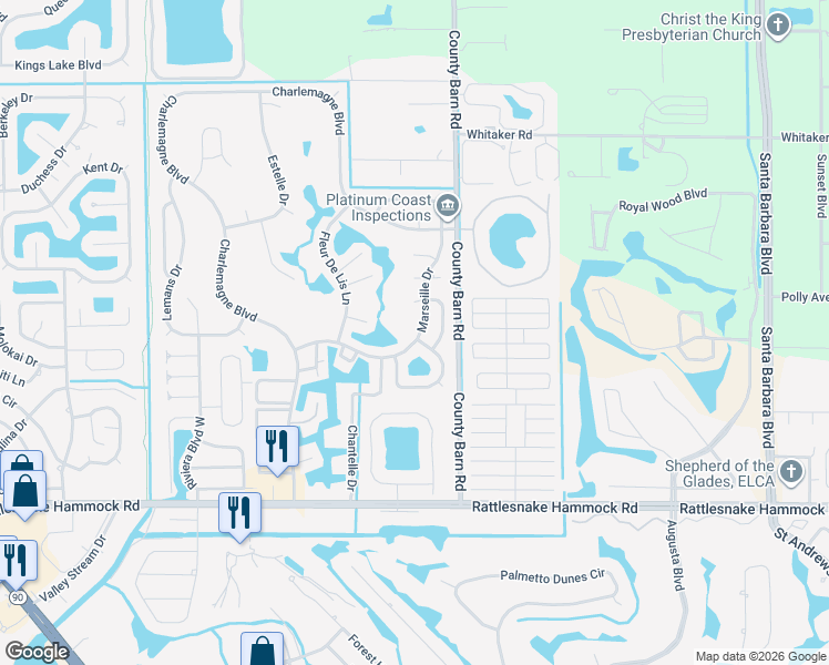 map of restaurants, bars, coffee shops, grocery stores, and more near 225 Marseille Drive in Naples