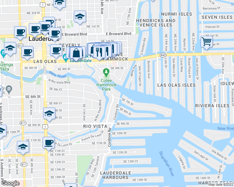 map of restaurants, bars, coffee shops, grocery stores, and more near 1600 Ponce De Leon Drive in Fort Lauderdale