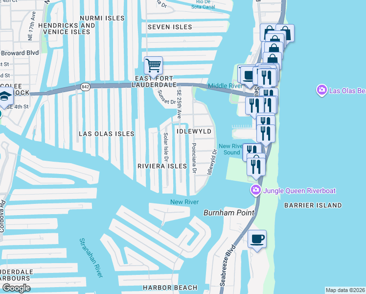 map of restaurants, bars, coffee shops, grocery stores, and more near 616 Riviera Isle Drive in Fort Lauderdale