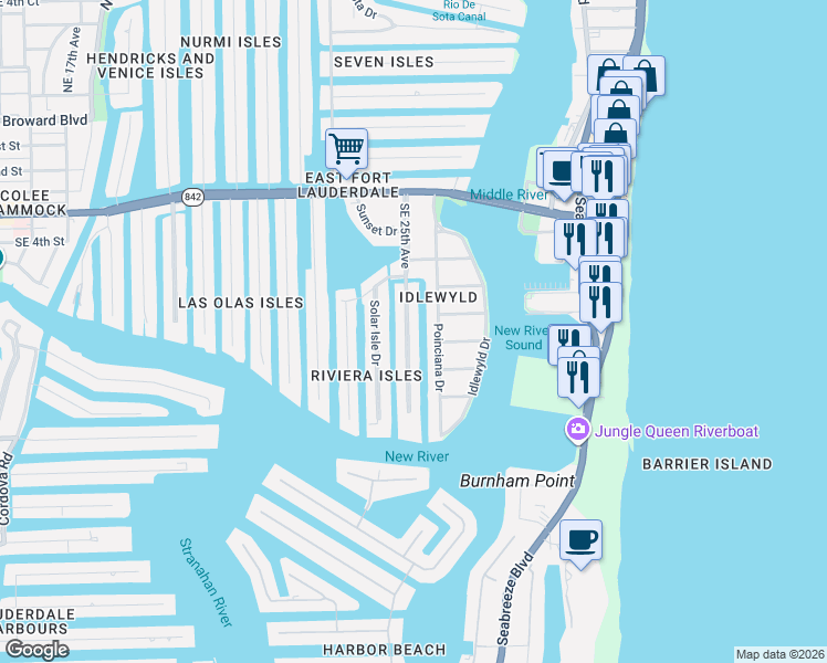 map of restaurants, bars, coffee shops, grocery stores, and more near 625 Southeast 26th Avenue in Fort Lauderdale