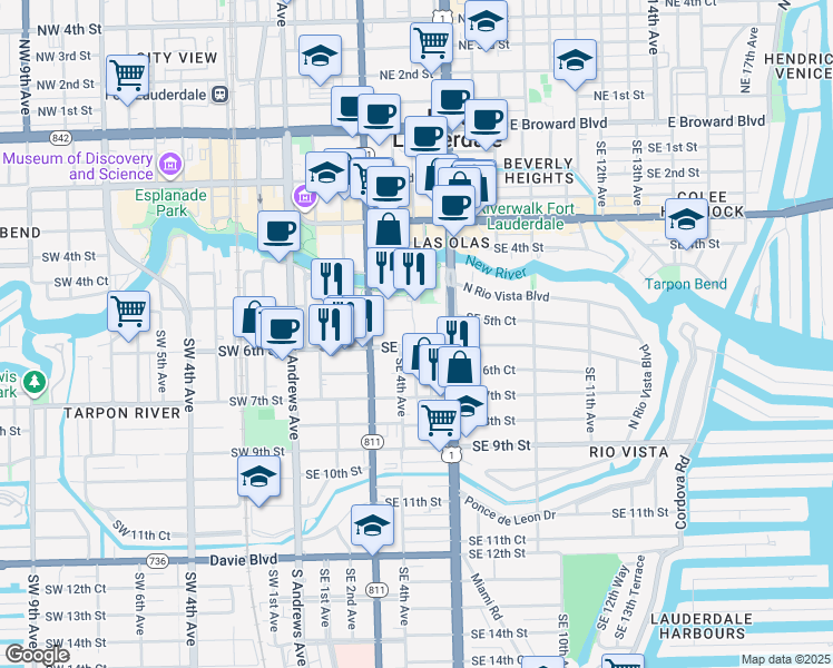 map of restaurants, bars, coffee shops, grocery stores, and more near 400 Southeast 6th Street in Fort Lauderdale