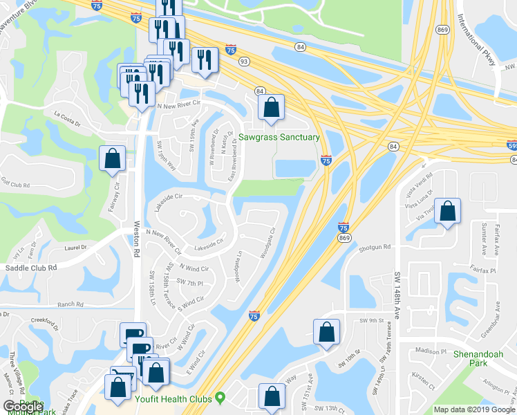map of restaurants, bars, coffee shops, grocery stores, and more near 523 Woodgate Circle in Sunrise