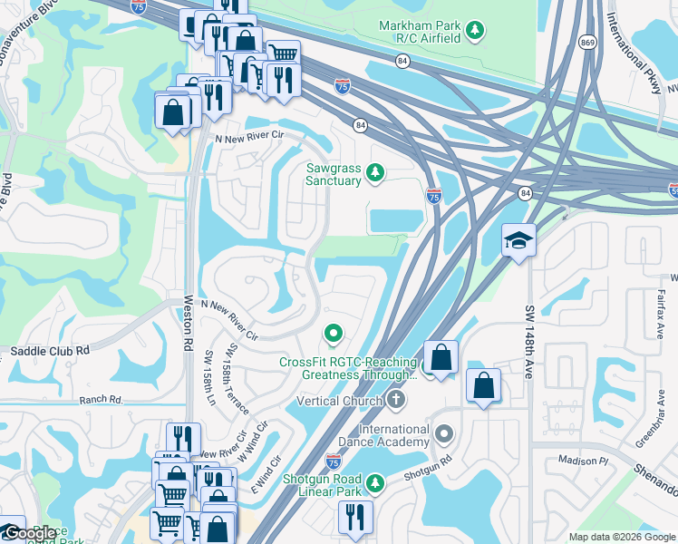 map of restaurants, bars, coffee shops, grocery stores, and more near 523 Woodgate Circle in Sunrise