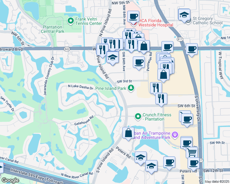map of restaurants, bars, coffee shops, grocery stores, and more near 415 South Pine Island Road in Plantation