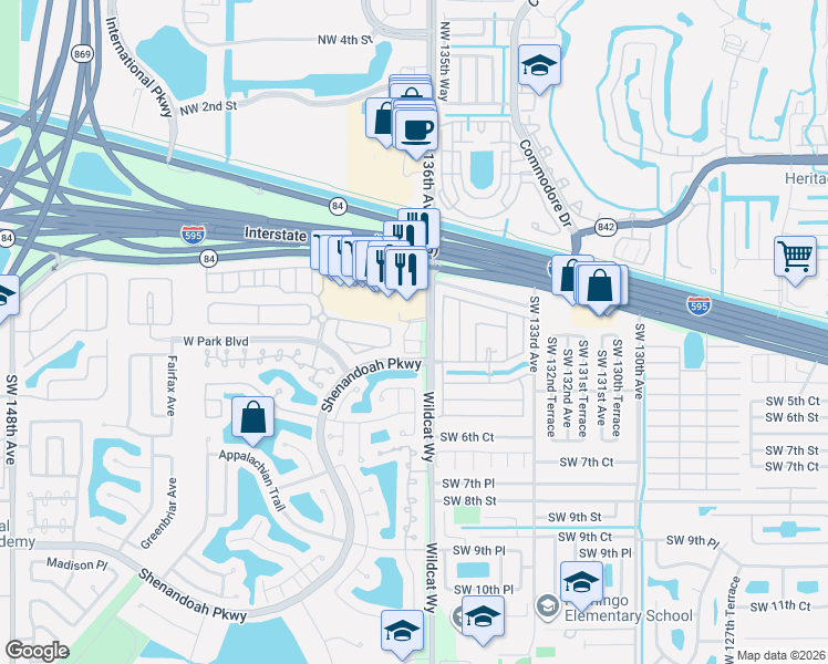 map of restaurants, bars, coffee shops, grocery stores, and more near 409 Southwest 136th Avenue in Davie