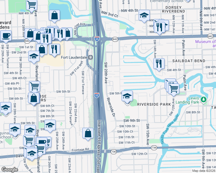 map of restaurants, bars, coffee shops, grocery stores, and more near 514 Southwest 20th Avenue in Fort Lauderdale
