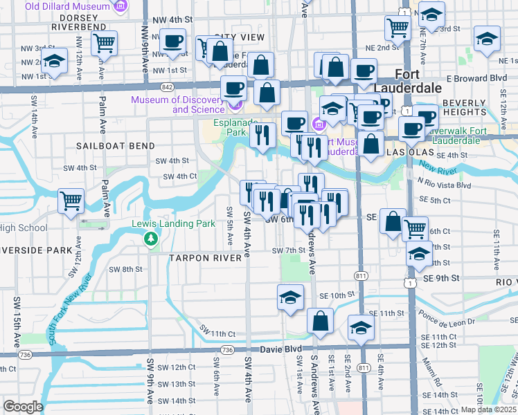 map of restaurants, bars, coffee shops, grocery stores, and more near 529 Southwest 3rd Avenue in Fort Lauderdale