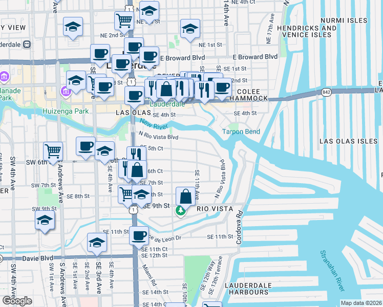 map of restaurants, bars, coffee shops, grocery stores, and more near 1005 Southeast 6th Street in Fort Lauderdale