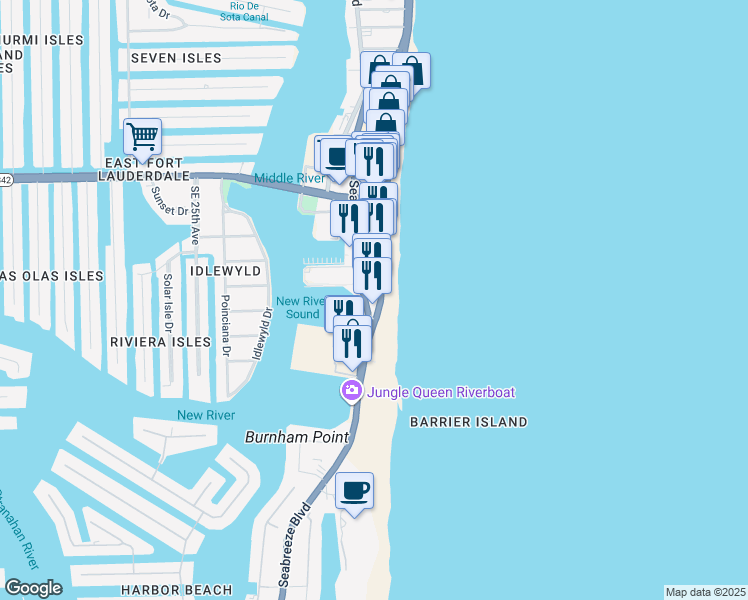 map of restaurants, bars, coffee shops, grocery stores, and more near 603 South Fort Lauderdale Beach Boulevard in Fort Lauderdale