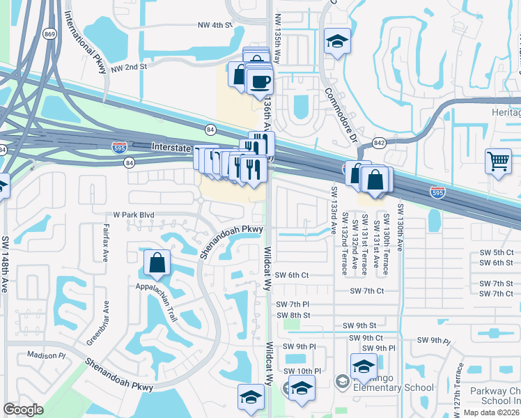 map of restaurants, bars, coffee shops, grocery stores, and more near 409 Southwest 136th Avenue in Davie