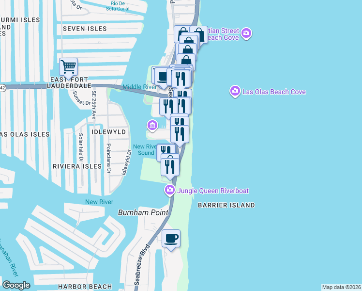 map of restaurants, bars, coffee shops, grocery stores, and more near 603 South Fort Lauderdale Beach Boulevard in Fort Lauderdale