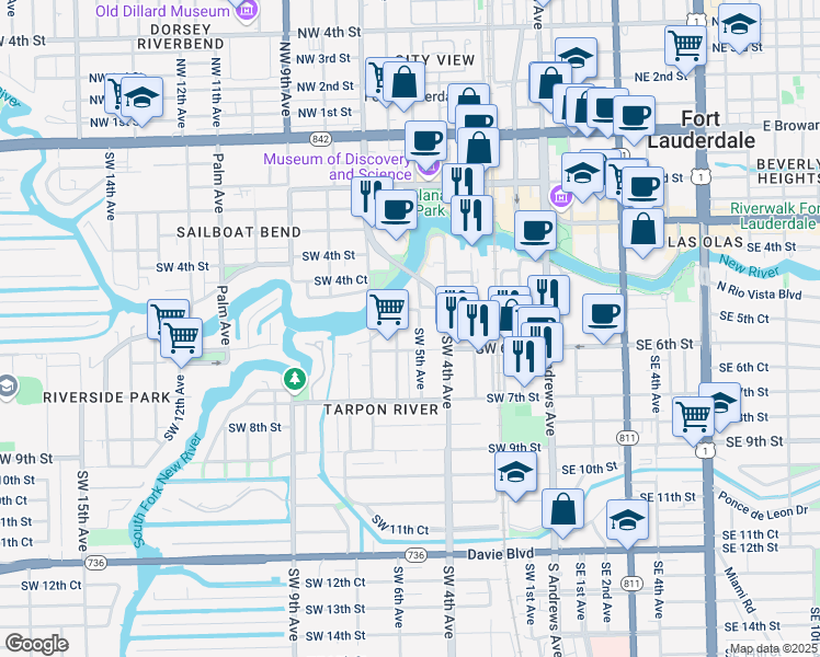 map of restaurants, bars, coffee shops, grocery stores, and more near 528 Southwest 5th Avenue in Fort Lauderdale