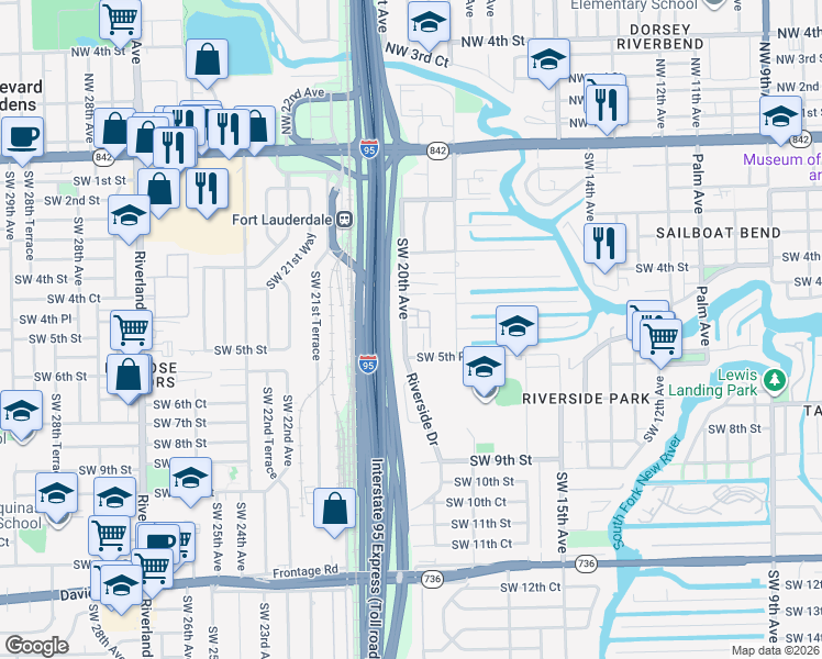 map of restaurants, bars, coffee shops, grocery stores, and more near 514 Southwest 20th Avenue in Fort Lauderdale