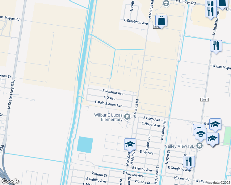 map of restaurants, bars, coffee shops, grocery stores, and more near 2513 Q Street in Hidalgo