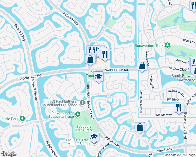 map of restaurants, bars, coffee shops, grocery stores, and more near 400 Indian Trace in Weston