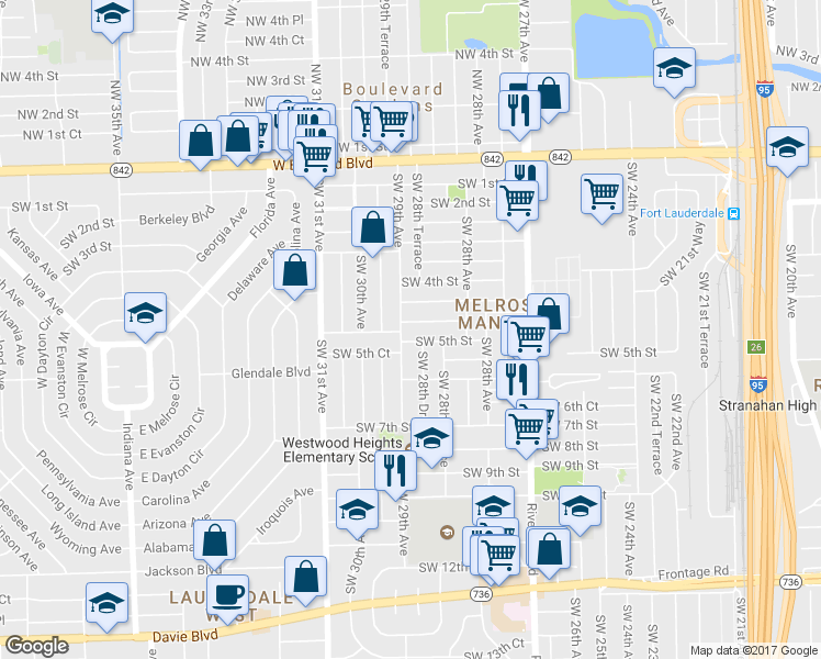 map of restaurants, bars, coffee shops, grocery stores, and more near 2846 Southwest 5th Street in Fort Lauderdale