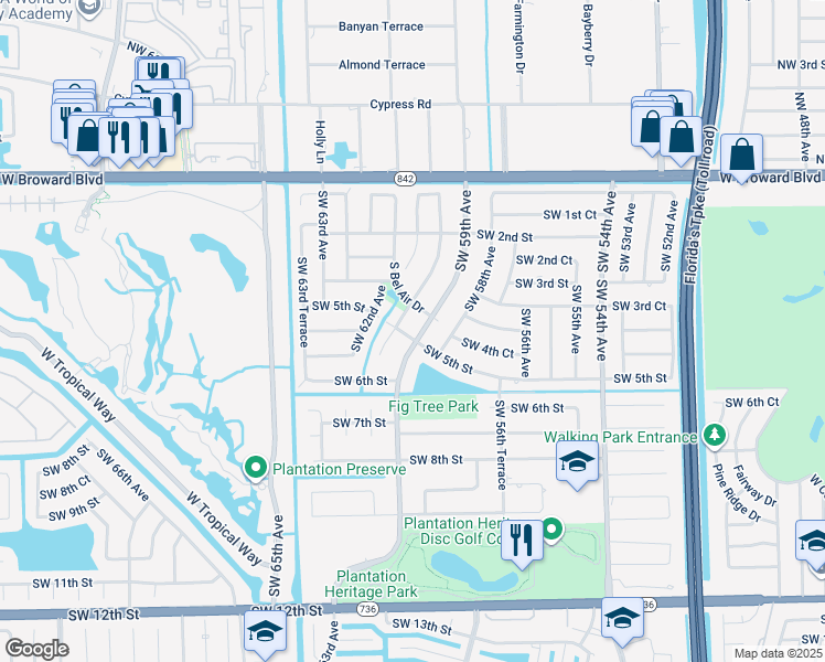 map of restaurants, bars, coffee shops, grocery stores, and more near 466 South Fig Tree Lane in Plantation