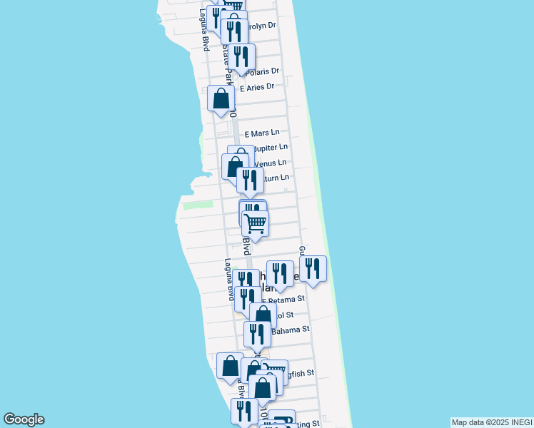 map of restaurants, bars, coffee shops, grocery stores, and more near 106 East Gardenia Street in South Padre Island